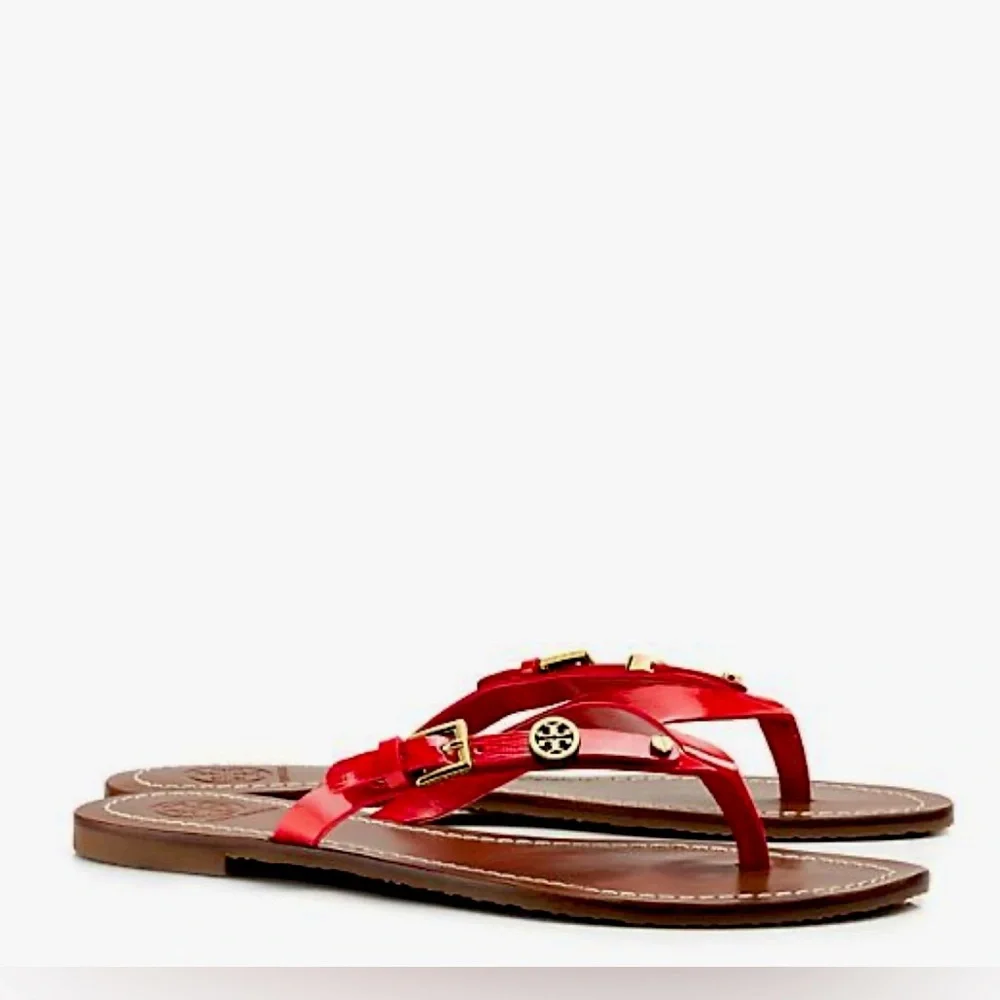 Tory Burch Women’s Flat Thong Patent Saffiano sandals Masai-Red(orange red)Sz 8 - Picture 1 of 7